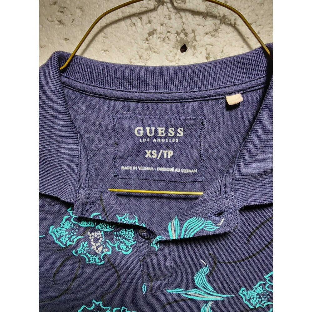 Guess Top Womens XL Blue Floral Short Sleeve Blouse Tank Collared Quarter Button - Picture 4 of 15